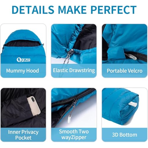 0 Degree Down Sleeping Bag for Adults - Blue-Black, 1.1 lb Down Fill, Ultralight 3-Season Camping Gear