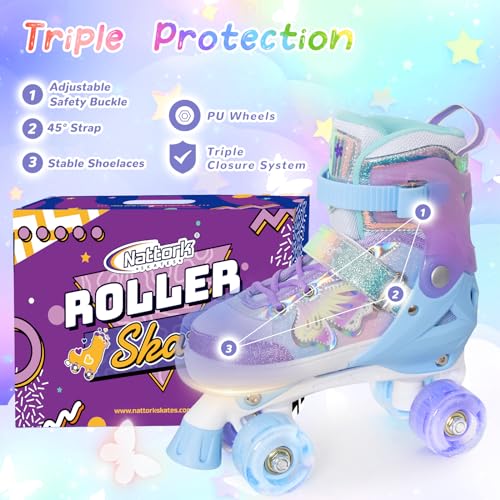 Nattork Kids Adjustable Purple Roller Skates for Girls & Boys with Light-Up Wheels, Butterfly Design, 4 Sizes