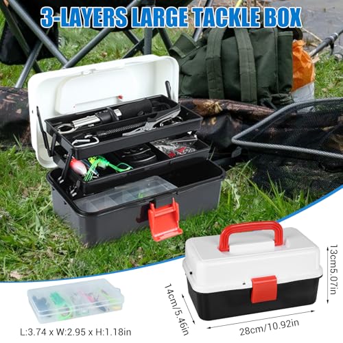 Black 3-Layer Fishing Tackle Box Kit with 213 Pcs Lures & Accessories