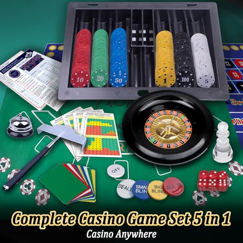 WodGod 5-in-1 Casino Game Set with 360 Green Chips, Roulette, Poker, Blackjack, Craps