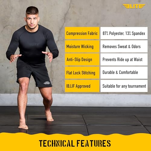Elite Sports Men's Jiu Jitsu Rash Guard Long Sleeve Compression Shirt - Large Black Pack of 3