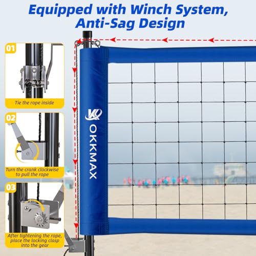 OKKMAX Blue Outdoor Volleyball Net Set with Adjustable Poles, Anti-Sag Design & Accessories