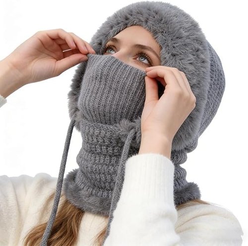 3 in 1 Winter Beanie Hat for Women, Knitted Hat with Scarf and Face Mask, Warm Ski Beanie Set for Cold Weather Outdoor (Grey)