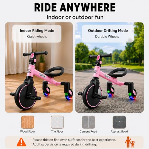 Ridego 3-in-1 Toddler Tricycle Pink for Ages 2-5 with Drift & Walker Modes