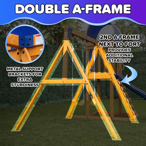 Wooden Swing Set with Slide, Saucer & Sling Swings for Kids 3-8