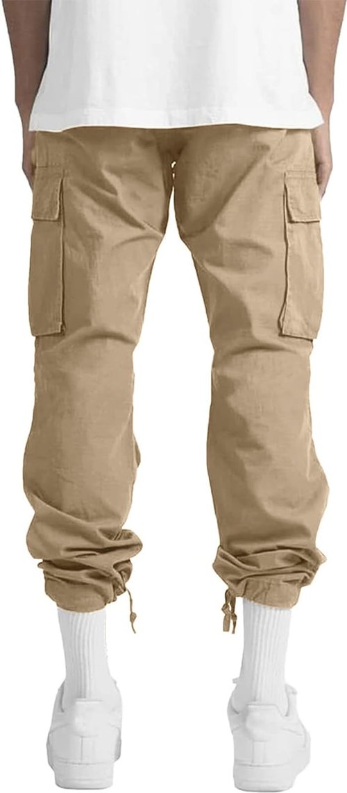 HUNGSON Mens Cargo Pants Drawstring Casual Hiking Pants Joggers Athletic Trousers Cotton Loose Straight Sweatpants for Men Beige