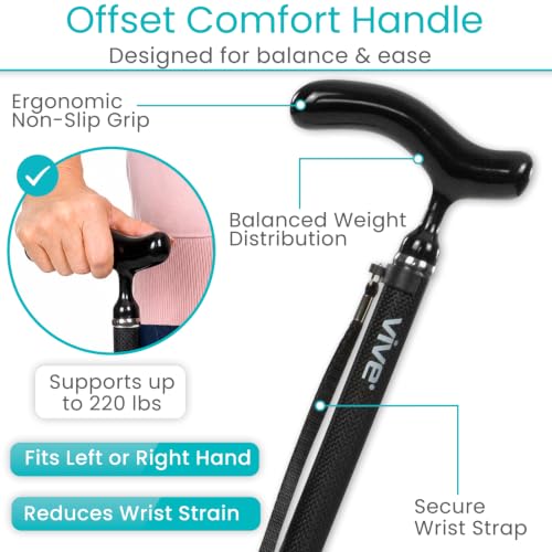 Vive Ultra-Lightweight Carbon Fiber Quad Cane with Reversible Base, Adjustable Height, Black