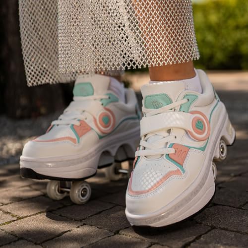 Unisex 2-in-1 Retractable Roller Skate Shoes - White Pink Blue, Size 4.5