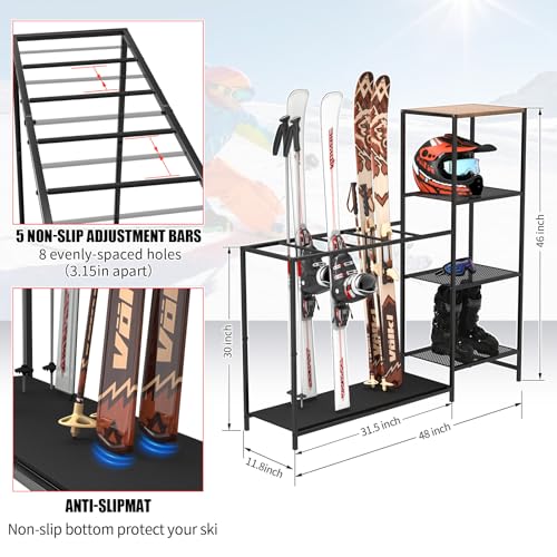 Freestanding Ski Rack with Adjustable Bars, Snowboard & Gear Storage