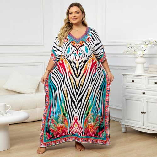 Plus Size Kaftan Dress for Women V-Neck Print Beach Cover Up - One Size, Colorful Stripes