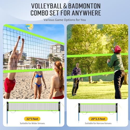 Black Portable Volleyball & Badminton Combo Net Set with 20ft & 32ft Nets