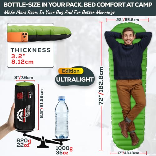 Ultralight Camping Sleeping Pad - ApolloAir Normal Inflatable Mattress with R-Value 5.2, Compact & Lightweight for Backpacking