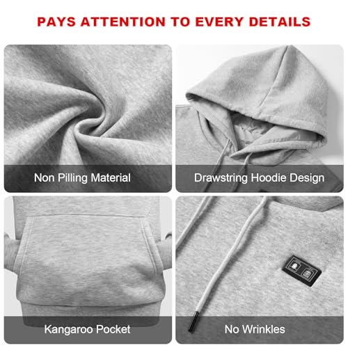 X-Large Gray Heated Hoodie for Men Women with 16000mAh Battery Pack, 6 Heating Zones