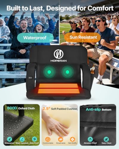 25 Inch Black Heated Stadium Seat with Back Massage & Adjustable Recline - Portable Bleacher Chair