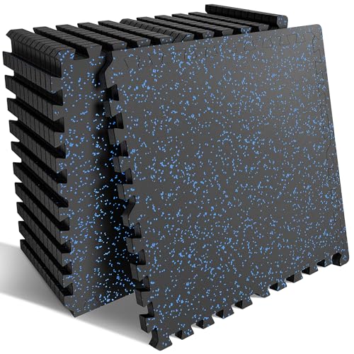 PRAISUN 0.6-inch Thick Interlocking Rubber Gym Floor Tiles, 12-Pack Black/Blue, 48 sq ft