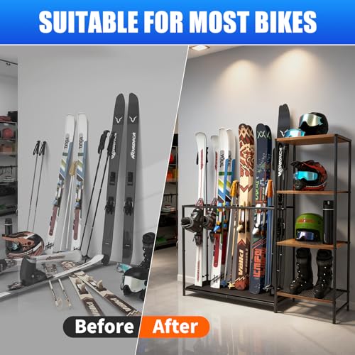 Freestanding Ski Rack with Adjustable Bars, Snowboard & Gear Storage
