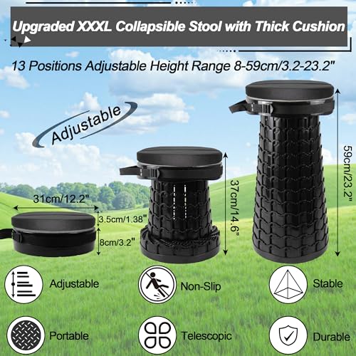 ALEVMOOM XXL Collapsible Telescoping Stool with Cushion & Bag - 23.2-inch Black Portable Seat for Camping & Travel