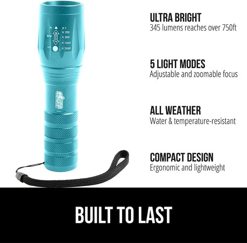 GORILLA GRIP LED Tactical Flashlight - 750 FT High Lumens, 5 Modes, Water Resistant | 2 Pack Turquoise