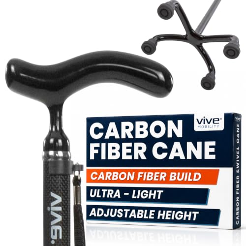 Vive Ultra-Lightweight Carbon Fiber Quad Cane with Reversible Base, Adjustable Height, Black