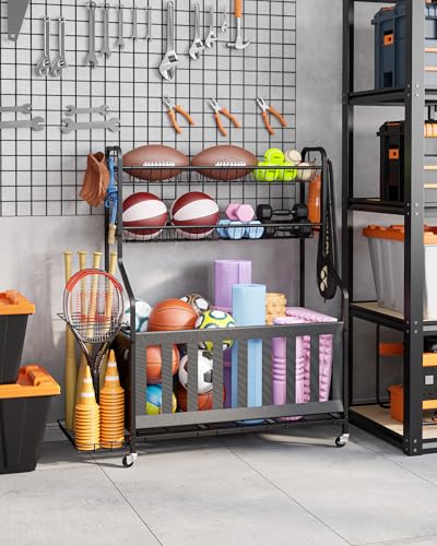 Garage Sports Equipment Organizer with Wheels - Black, 40 x 16.7 x 45.6 Inches