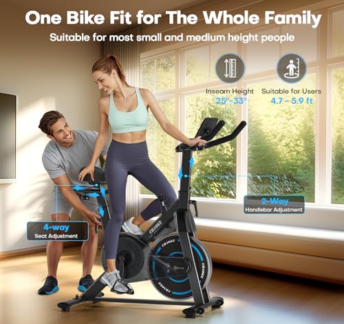 CHAOKE Adjustable Magnetic Resistance Exercise Bike Black Blue - Indoor Cycling Stationary Bike with App Compatibility, 300LB Capacity