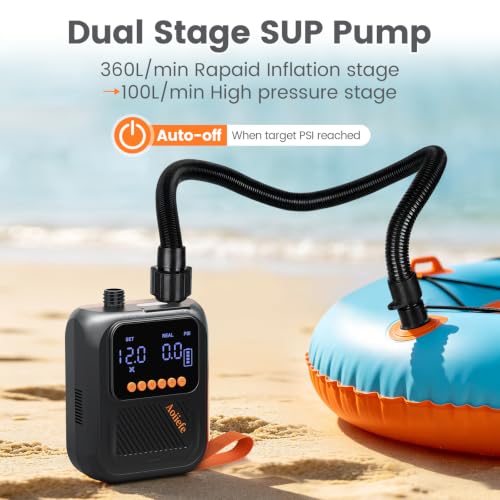 Aoiiefe Black Portable Rechargeable Electric SUP Pump with Auto-Off & Dual Stage Inflation