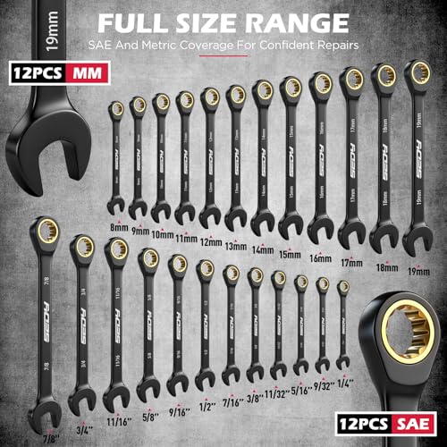 SEDY 24-Piece Ratcheting Wrench Set - Black Finish, SAE & Metric, 72-Tooth CR-V Steel, Portable Roll-Up Pouch