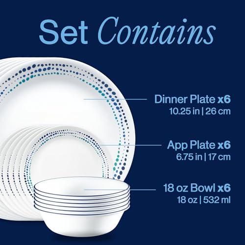 Corelle Ocean Blue 18-Piece Dinnerware Set for 6 - Triple Layer Glass, Chip Resistant