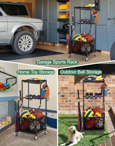 Garage Sports Equipment Organizer Rolling Ball Storage Cart - Black Small