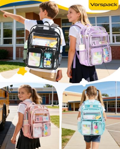 Large Transparent Backpack for Girls & Boys - Clear Bookbag with 10 Pockets, Black