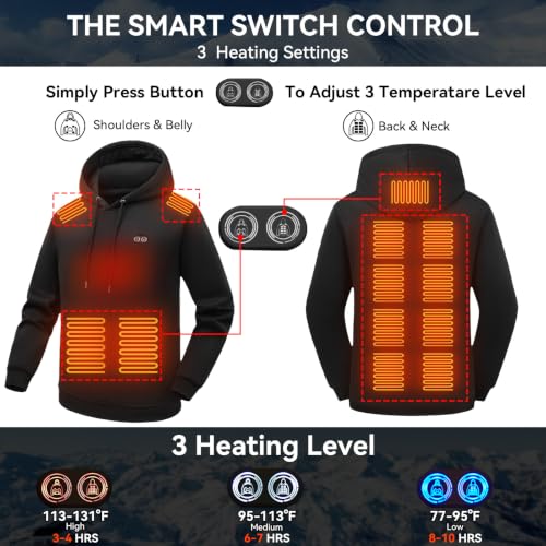 Men's Large Black Heated Hoodie with Battery & 13 Heating Zones - Lightweight Electric Sweatshirt