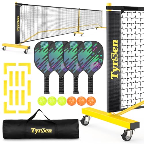 TYRSEN Wooden Pickleball Paddles Set with Net, 22ft On Wheels, 4 Paddles & 6 Balls