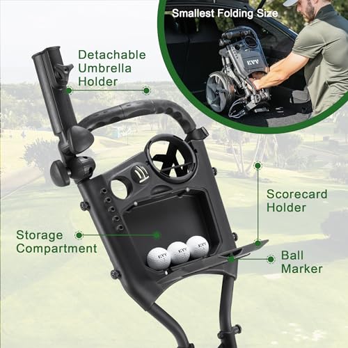 KVV Charcoal 3-Wheel Foldable Golf Push Cart with Scorecard & Umbrella Holder, Lightweight
