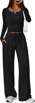 Trendy Queen Women's Lounge Set - Long Sleeve Henley Crop Top & Wide Leg Pants | Casual Comfort