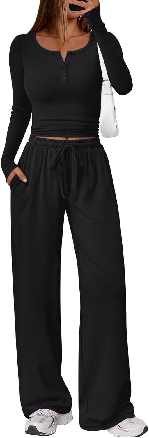 Trendy Queen Women's Lounge Set - Long Sleeve Henley Crop Top & Wide Leg Pants | Casual Comfort