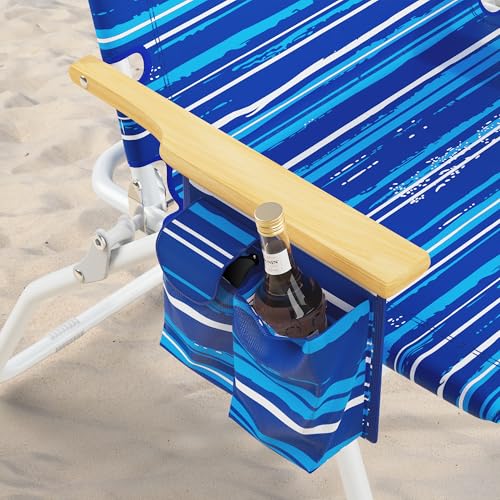 Tall Beach Chair for Adults 17" High Backpack Reclining with Cooler Pouch - Striped Blue 2-Pack