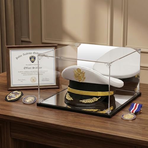 Acrylic Display Case for Military & Police Hats - Mirrored Back & Base, 14"L x 12"W x 7"H (VINJKZQ Variation)
