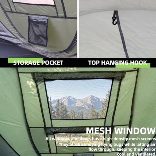 HEWOLF 4-Person Pop Up Camping Tent - Instant Waterproof Family Tent, Easy Setup, Mosquito Mesh, Green