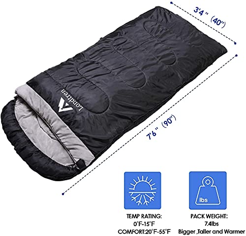 LONDTREN Black Flannel 0°F Winter Sleeping Bag for Adults - Extra Large 90x40in