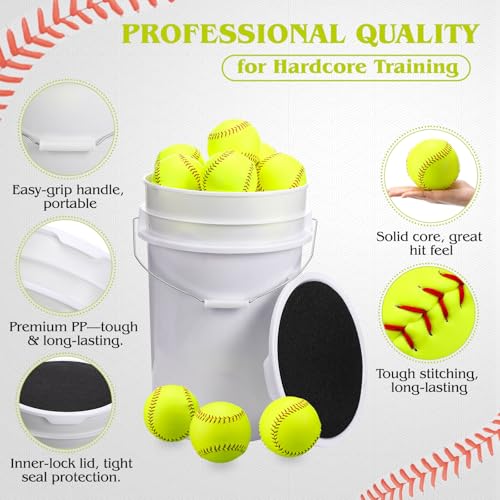 12-Inch Practice Softballs Set with Bucket - Yellow Leather Cover, Fastpitch & Slowpitch, 24 Balls