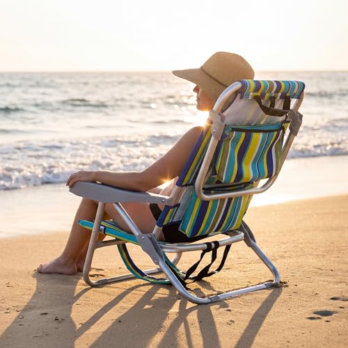 Nice C Stripe Beach Backpack Chair with Umbrella - Blue & Yellow