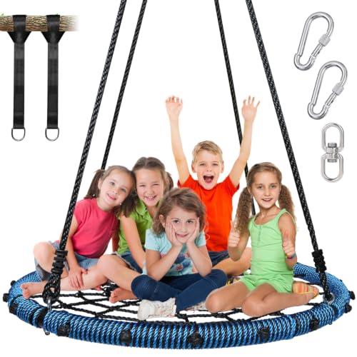 Blue 45-Inch Spider Web Saucer Tree Swing with Swivel for Kids & Adults