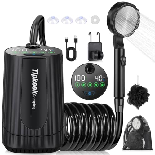 Tipkook Portable Camping Shower Black - 10000mAh Rechargeable Waterproof High-Pressure Outdoor Shower with LED Display, 5-Speed Pump for Hiking & Pet Bathing