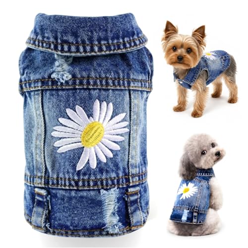 Dog Denim Jacket with Daisy Embroidery for Small Dogs - Small, Daisy Bloom
