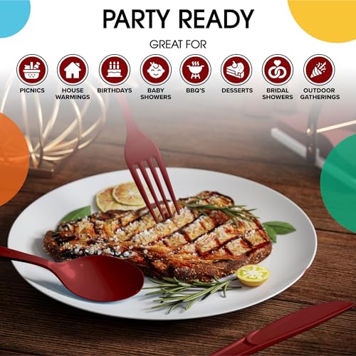 Burgundy Plastic Disposable Cutlery Set 150 Pcs - Forks Spoons Knives