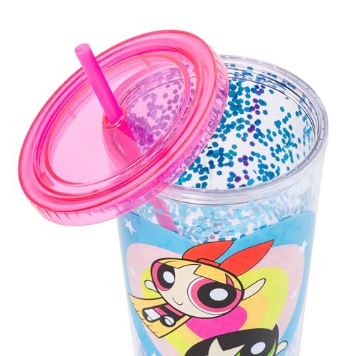 Silver Buffalo The Powerpuff Girls Featuring Blossom, Bubbles, and Buttercup Plastic Confetti Cold Cup with Lid and Straw, 32 Ounces