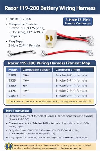 Electric Scooter Battery Wiring Harness Replacement for Razor E100 E125 E150 E175