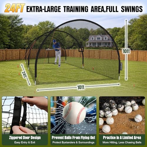 24ft Baseball Batting Cage with Net, Door & Pitching Hole for Practice