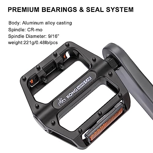 Black Mountain Bike Pedals 9/16 Inch Aluminum Flat Pedals with Reflectors - Wide Platform