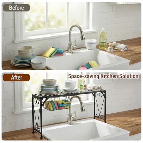 MyGift Black Expandable Over Sink Shelf with Pull-Out Mesh Drawer - Adjustable Kitchen Organizer